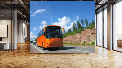 orange tourist bus, highway scandinavia Wall mural