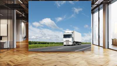 white truck on  country highway under blue sky Wall mural