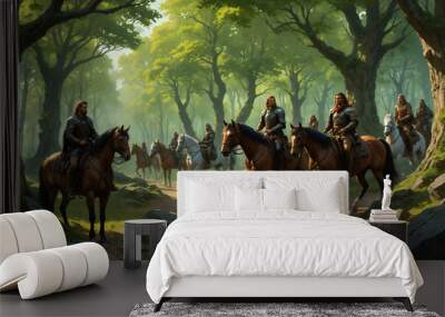 Medieval cavalry is preparing for a battle in the forest, knights on horses discuss the strategy, Fantasy Middle Ages, high detail illustration Wall mural