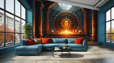 The Altar of Sun, ancient temple on the mountains for praying the Sun gods, sun emblem and candles, Slavic folklore, digital illustration, epic fantasy scenery, high detail Wall mural