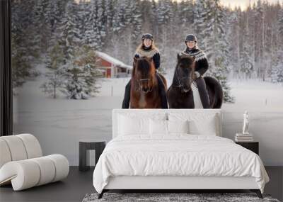 Two Icelandic horses with female riders during sunset. Brown and black and white horse. Riders wearing helmet. Wall mural