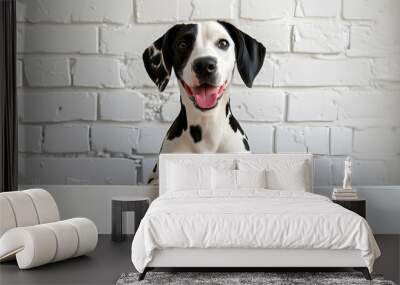 A cute Dalmatian puppy dog with a whiteboard in the blnk white bricks wallpaper background, in a happy and playful mood, Adorable Pet Photo with copy space Wall mural