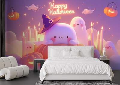 Adorable floating spirit characters celebrate Halloween with cheerful atmosphere, surrounded by glowing pumpkins and candles. scene radiates joy and festive spirit Wall mural