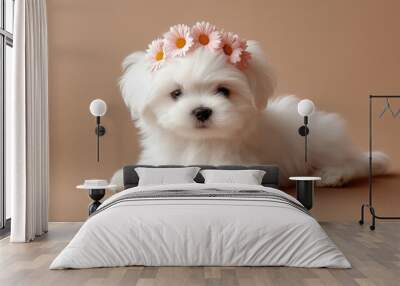 Adorable white poodle puppy wearing flower crown, looking playful and sweet Wall mural