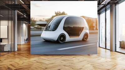 Autonomous taxi driving on city road during sunset, showcasing modern design Wall mural