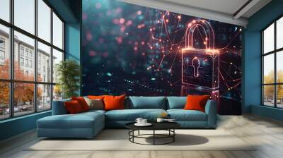 cybersecurity services concept or secure connection of cyber world closeup and safety lock green design - AI  Generative Wall mural