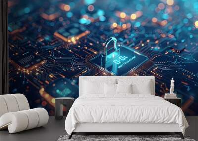 Cybersecurity services concept or secure connection of digital privacy closeup and safety lock blue design - AI Generative Wall mural