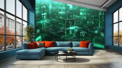 cybersecurity services concept or secure connection of digital privacy closeup and safety lock green design - AI  Generative Wall mural