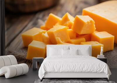 Diced cheddar cheese cubes arranged on rustic wooden surface Wall mural