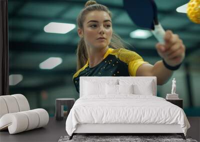 Focused pickleball player in action, showcasing skill and determination Wall mural