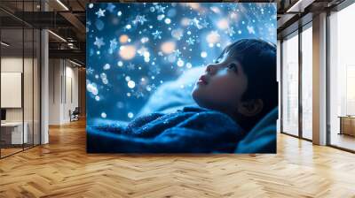 Imaginative child gazing at magical stars in a dreamy night scene Wall mural