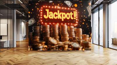 Jackpot sign with gold coins and cash stacks, celebrating wealth and fortune Wall mural