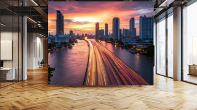 Long-exposure photo of City, River and highway at sunset Wall mural