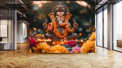 Radiant 3D scene of Lord Ganesha adorned with marigold garlands and offerings Wall mural