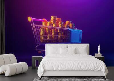 Shopping cart filled with coins, symbolizing wealth and abundance Wall mural