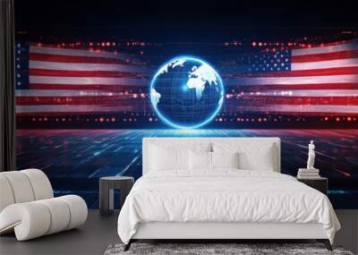 USA and China flags wave fiercely on either side of digital globe Wall mural