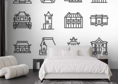 Asian property line icon set. Included the icons as Thai house, Japanese house , Chinese house, palace, home, estate and more. Wall mural