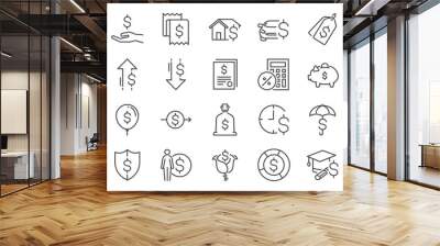 Loan and interest icon set. Included the icons as fees, personal income, house mortgage loan, car leasing, flat rate interest, installment, expense, financial ratio and more Wall mural