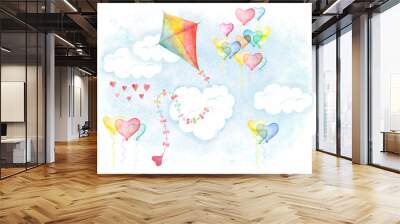 Makar sankranti symbol for card cover. Watercolor hand drawn illustration, colorful aquarelle kite with little heart and love balloons flying in clouds Wall mural