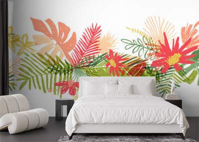 Tropical flower hand drawn border, illustration isolated on white background. Floral bouquet, exotic plant leaf, doodle style Wall mural