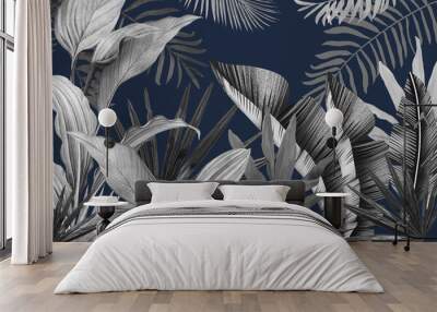 Mural for the walls. Photo wallpapers for the room. Tropical leaves on a blue background in the grunge style. Wall mural