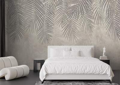 Palm leaves, palm branches, abstract drawing, tropical leaves. Mural for wall. Fresco, art,  grunge. Wall mural