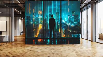 A businessman in a suit standing before a large panoramic window overlooking a cityscape at night Wall mural