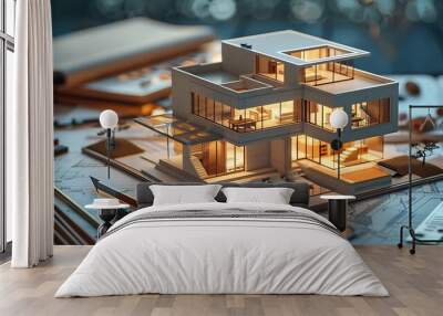 a detailed architectural model of a residential house placed on top of its blueprint plans Wall mural