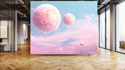 a digital illustration of a planet and its moons in a pastel background. Wall mural