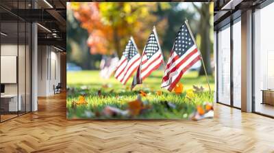 a field of American flags fluttering gently in the breeze, symbolizing patriotism and unity Wall mural