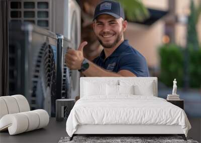 A friendly and cheerful HVAC technician standing next to an air conditioning unit, giving a thumbs-up with both hands. Wall mural