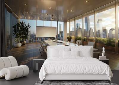 a modern conference room with glass walls, offering a panoramic view of a city skyline Wall mural