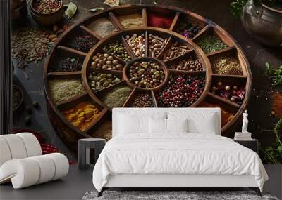 a vibrant and aromatic composition featuring an array of spices arranged meticulously in a wooden carousel Wall mural