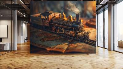 an antique model train on a vintage map, warm ambient lighting with a narrow depth of field, Wall mural