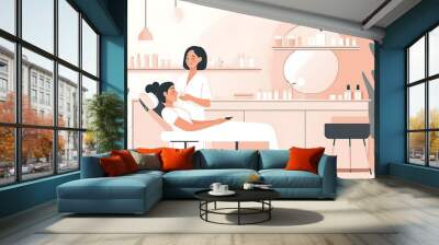 Beauty salon with beautician applying treatment, soft pastel colors, modern, clean skincare details Wall mural