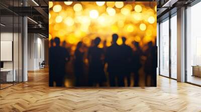 Blurred wedding party with dancing crowd and golden bokeh lights at a night event Wall mural