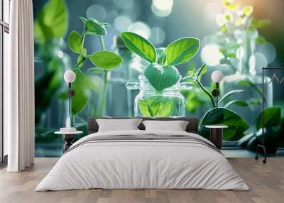 botany laboratory with various glass containers holding lush green plant cuttings, bokeh effect Wall mural