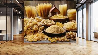 Bowls of pasta and grains on a wood tabletop, studio lighting with Italian food theme Wall mural