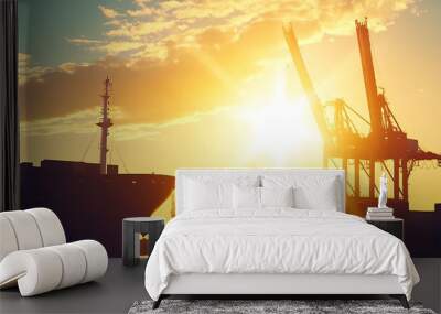 Bustling port scene with cargo ship and towering cranes at sunset, vibrant maritime commerce, photorealistic Wall mural