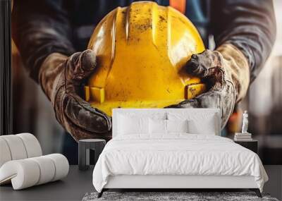 Close-up of construction workers gloved hands holding yellow helmet, pride and hard work Wall mural