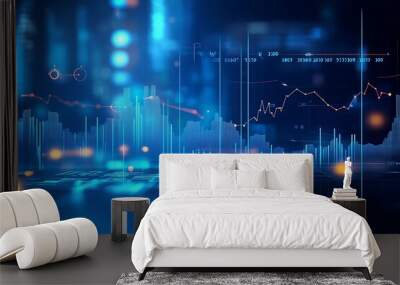 Dark-themed futuristic financial data analysis image with glowing line graphs and charts, blurred background. Wall mural