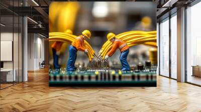 Diorama of miniature workers in hard hats connecting cables on electronic board Wall mural