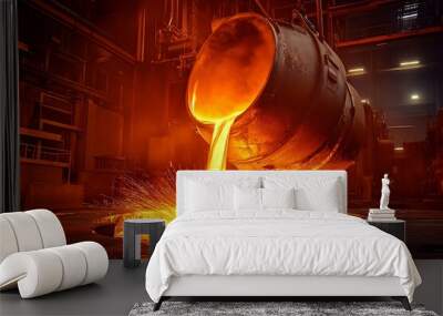 Dramatic steel foundry with molten metal pouring, glowing orange tones, sparks. Wall mural