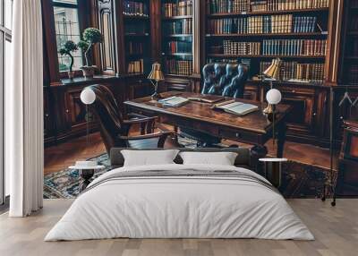 Elegant classic study room with a dark wood desk, leather chair, bookshelf filled with volumes, twin brass desk lamps Wall mural