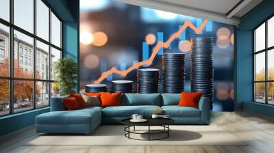 Financial growth concept with ascending coin stacks and upward trend chart overlay Wall mural