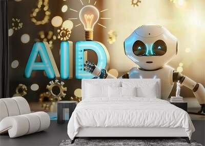 futuristic AI robot character with a smiling digital face a light bulb floating above Wall mural