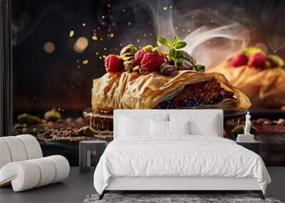 Golden baklava pastry with honey and pistachios in dark, atmospheric setting Wall mural