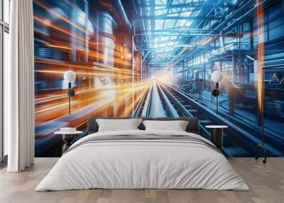 Modern Industrial Factory Interior with Dynamic Light Trails and Futuristic Sleekness Wall mural