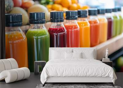 Modern juice bar setup with colorful juice bottles, vibrant urban cafe background, industrial chic design Wall mural