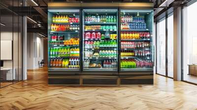 modern refrigerator display in a grocery store with bright, white internal lighting Wall mural